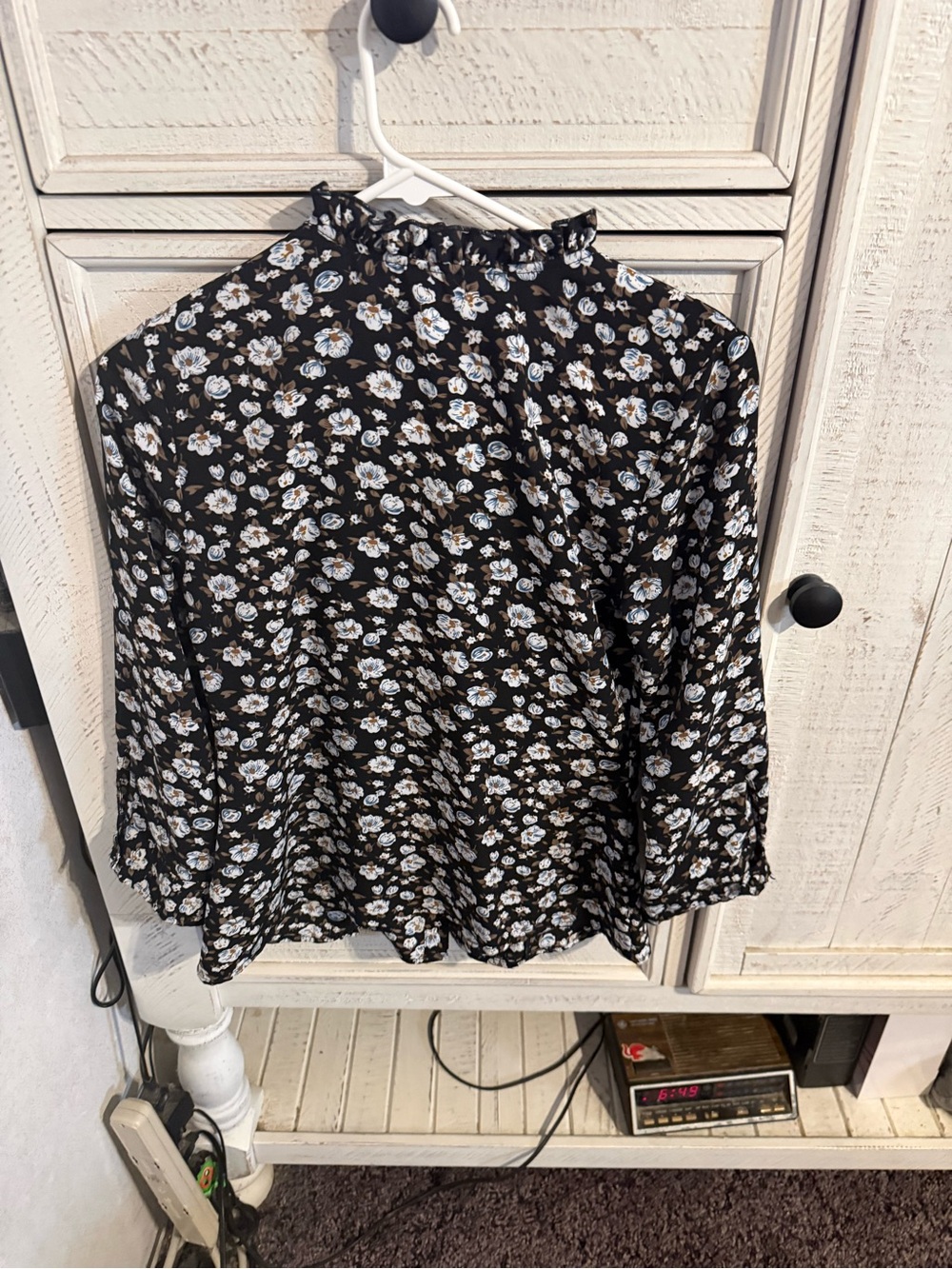 Unique Vintage Black Floral Ruffle-Neck Blouse